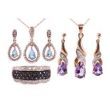 An amethyst and diamond-set pendant and matching earrings in yellow metal stamped '375', together wi