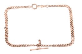 A graduated Albert chain in 9ct rose gold, the T-bar suspending two graduated curb link chains, term