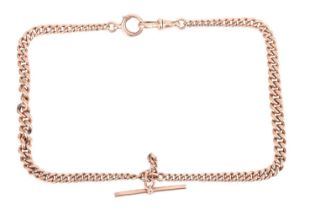 A graduated Albert chain in 9ct rose gold, the T-bar suspending two graduated curb link chains, term