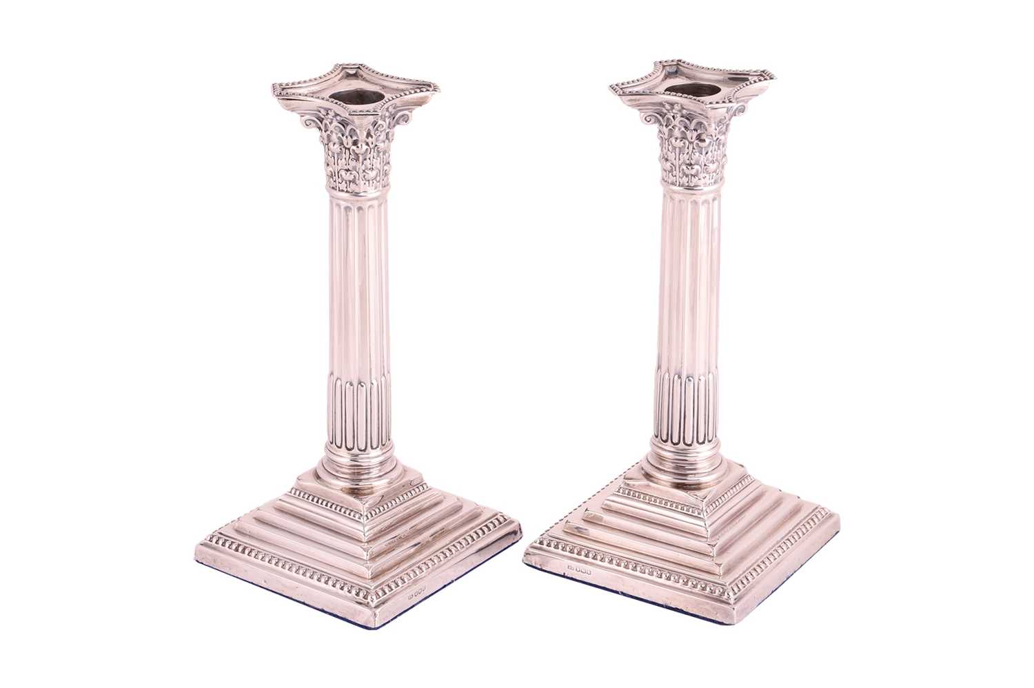 A pair of silver Corinthian column candlesticks, by the Atkin Brothers, Sheffield 1923, with beaded  - Image 2 of 7