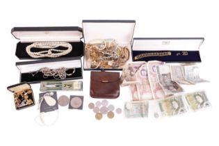 A collection of costume jewellery and other items including two rolled gold bangles, a simulant pear
