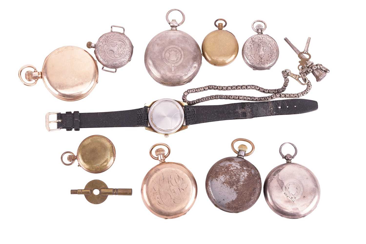 A Longines Admiral mechanical wristwatch, 8-pocket watches and a chain with key.Featuring:A Longines - Image 2 of 2