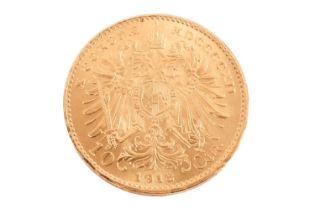 A 1912 Austro-Hungarian Franz Joseph 10 corona coin, with imperial eagle with arms of Habsburg-Lorra