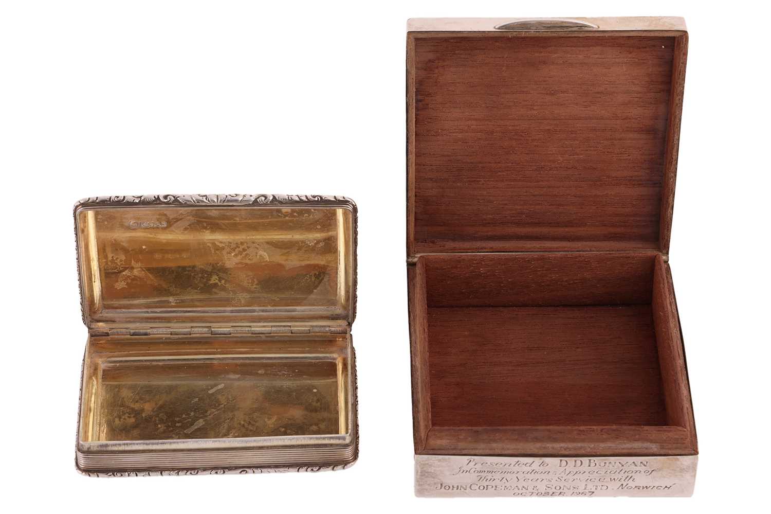 A silver presentation snuff box and a square cigarette box; the snuff box by Francis Clark, Birmingh - Image 3 of 10