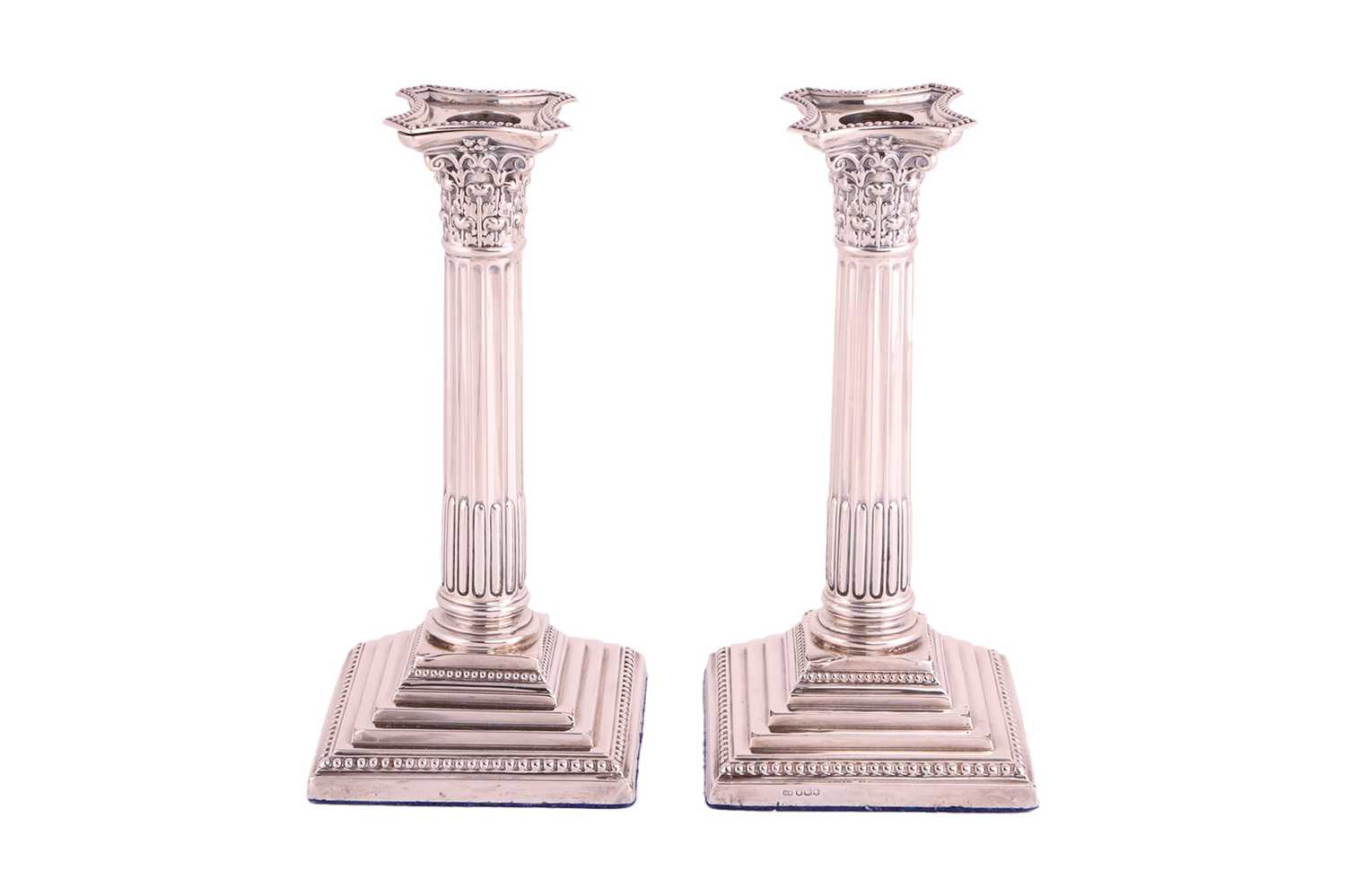 A pair of silver Corinthian column candlesticks, by the Atkin Brothers, Sheffield 1923, with beaded  - Image 3 of 7