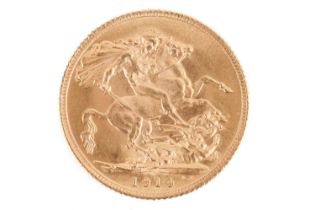 A George V sovereign 1914, obverse with bare head left.