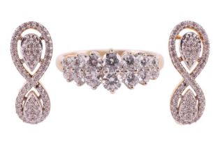 A pair of earrings and a ring, the earrings in 22ct gold set with CZ in a double cluster drop design