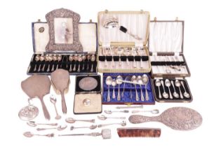 A mixed collection of silver and silver plate, comprising two silver propelling pencils, a silver ve