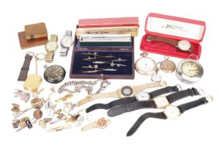A mixed collection including a silver double Albert, an 18k Swiss lady's fob watch, a gentlemen's si