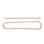 A 9ct gold scroll link chain necklace and matching bracelet; the necklace measuring approximately 78