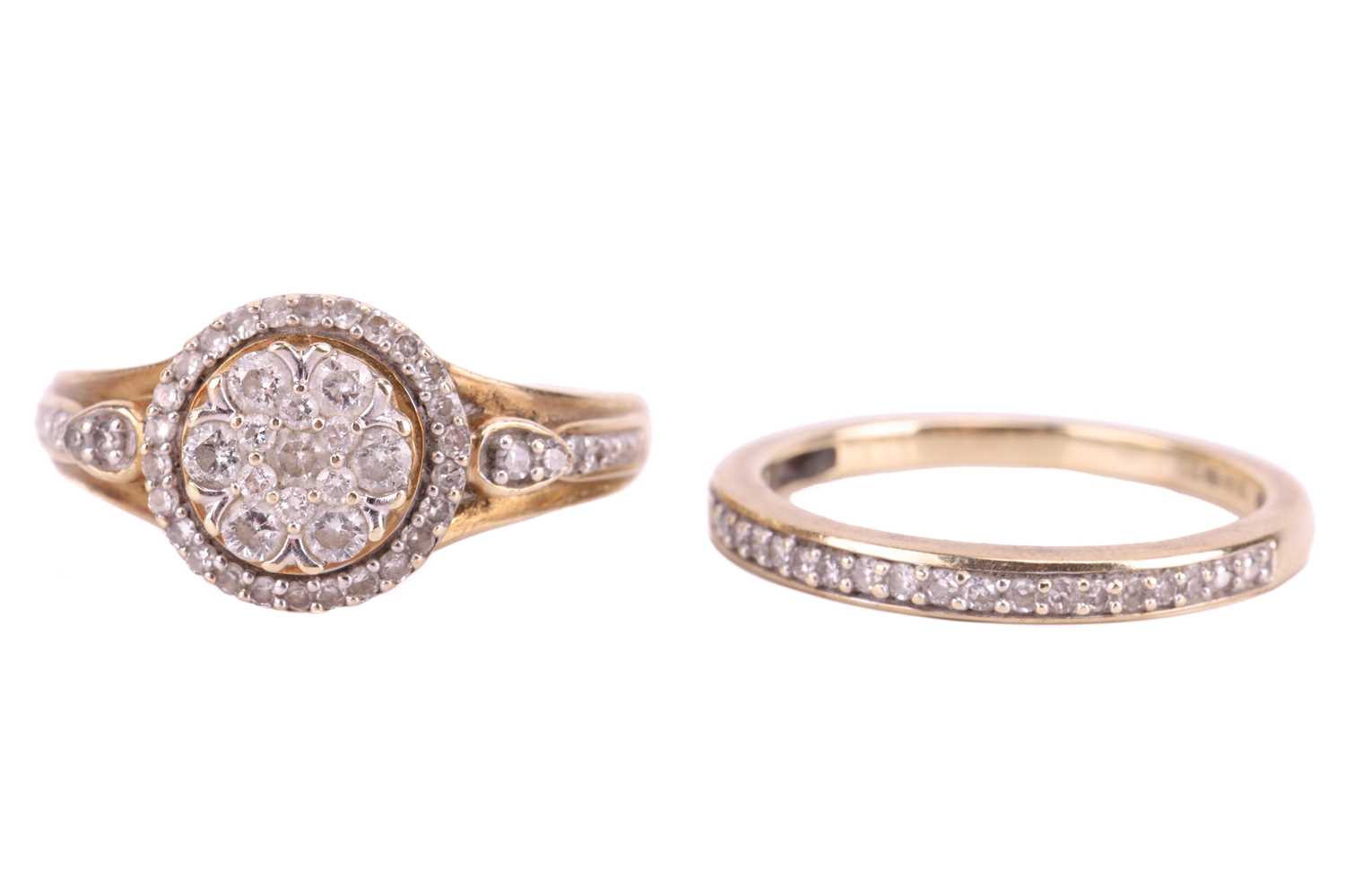 A diamond-set floral cluster ring in 9ct yellow gold, size O, together with a diamond-set half etern