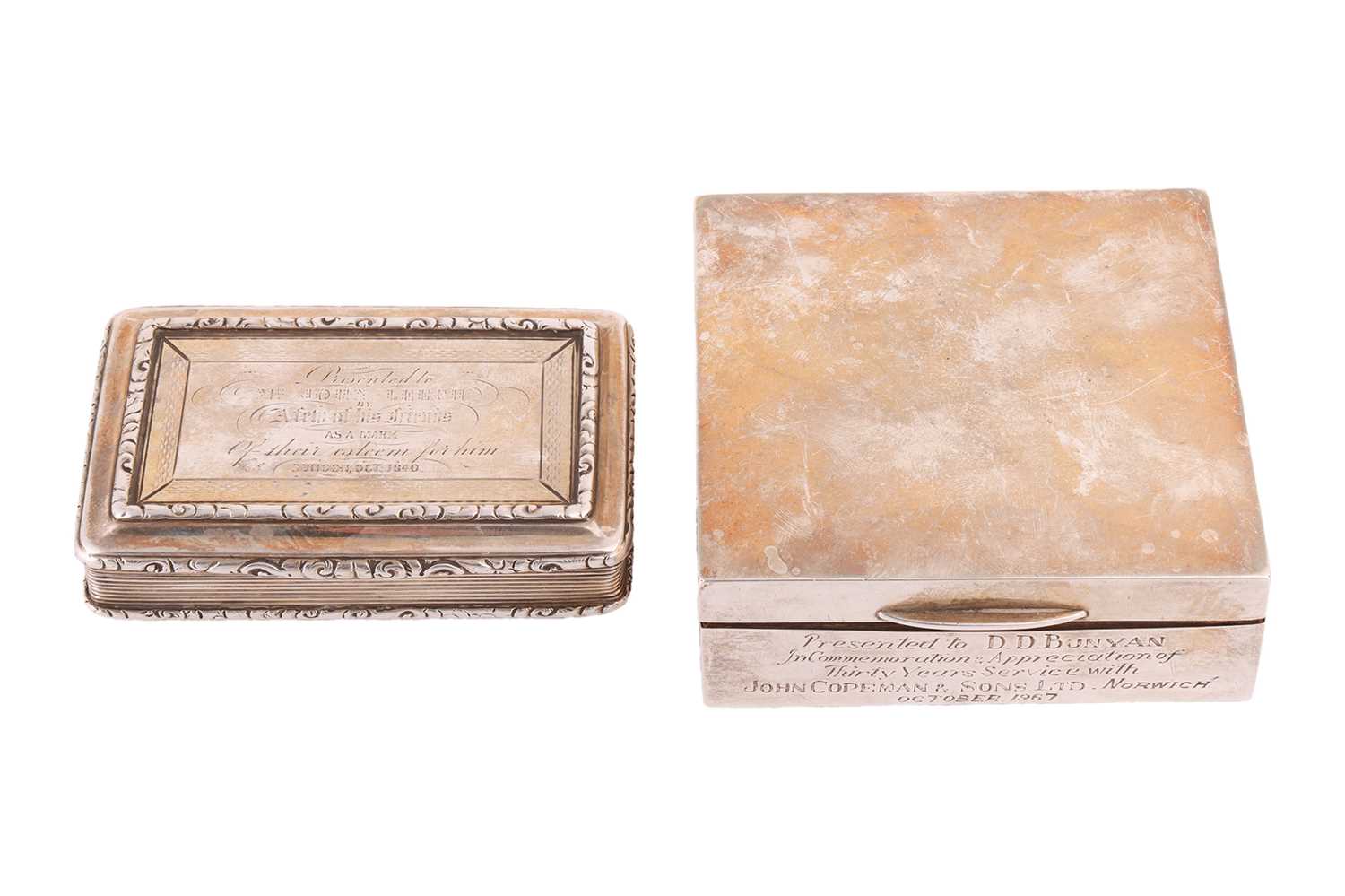 A silver presentation snuff box and a square cigarette box; the snuff box by Francis Clark, Birmingh