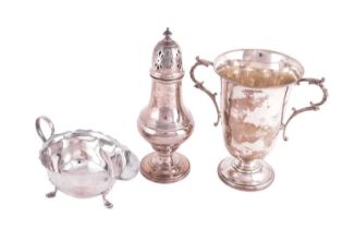 A Mappin &amp; Webb two-handled cup and sauce boat together with a sugar caster by G Bryan &amp; Co;