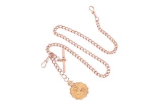 A 9ct gold curb link Albert watch chain featuring a George V 1915 gold sovereign and a 15ct gold sov