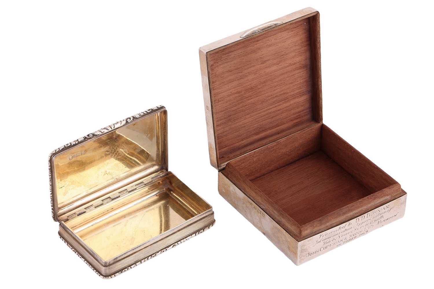 A silver presentation snuff box and a square cigarette box; the snuff box by Francis Clark, Birmingh - Image 2 of 10
