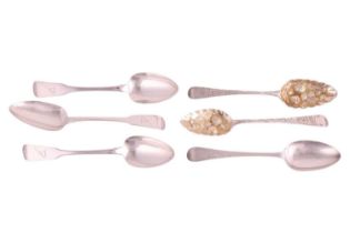 A pair of silver berry spoons and four Georgian silver table spoons; the pair of George III silver b