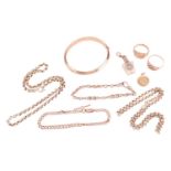 A collection of jewellery items including a 9ct gold curb link bracelet with attached T-bar, a 9ct g