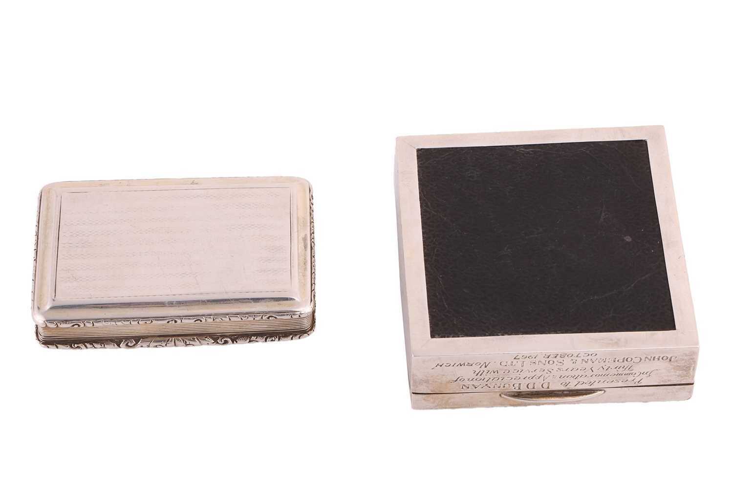 A silver presentation snuff box and a square cigarette box; the snuff box by Francis Clark, Birmingh - Image 5 of 10
