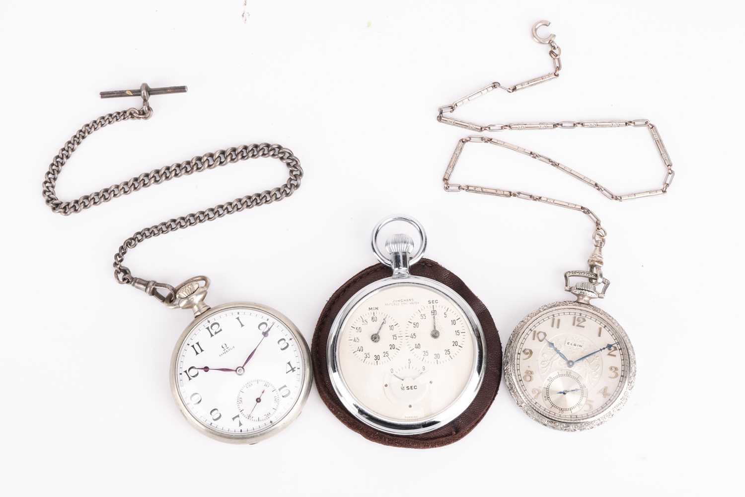 A collection includes an Omega pocket watch, Junghans stopwatch and an Elgin pocket watch. The open- - Image 2 of 8