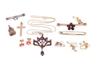 A collection of 19th century and later jewellery, including a garnet pendant in a spray design with 