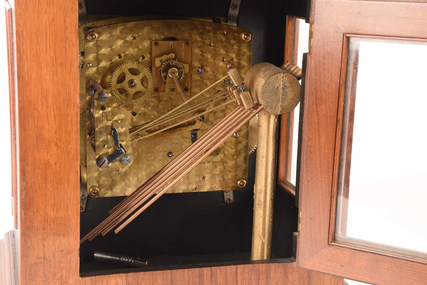 A mid-century bracket clock with a commemorative plaque, measures 41 cm tall. - Image 4 of 8