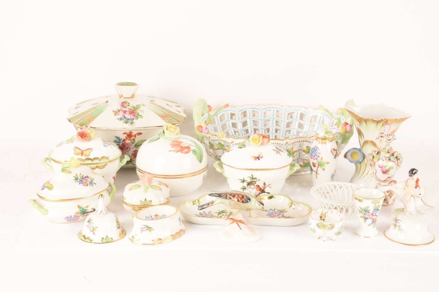 A large group of Herend porcelain in the Queen Victoria pattern comprising a large lattice basket, a