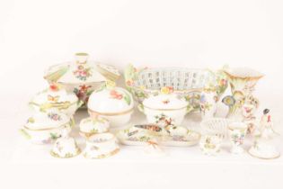 A large group of Herend porcelain in the Queen Victoria pattern comprising a large lattice basket, a