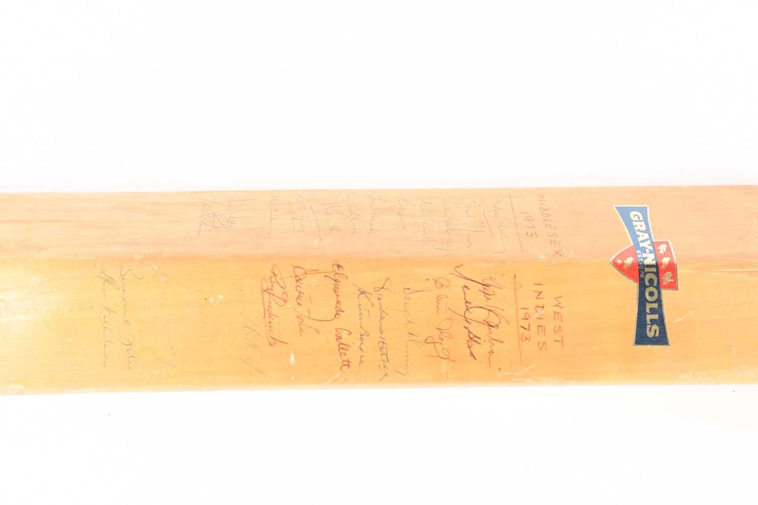A 1973 multi-signed cricket bat, bearing the signatures of the England, West Indies, New Zealand and - Image 2 of 10