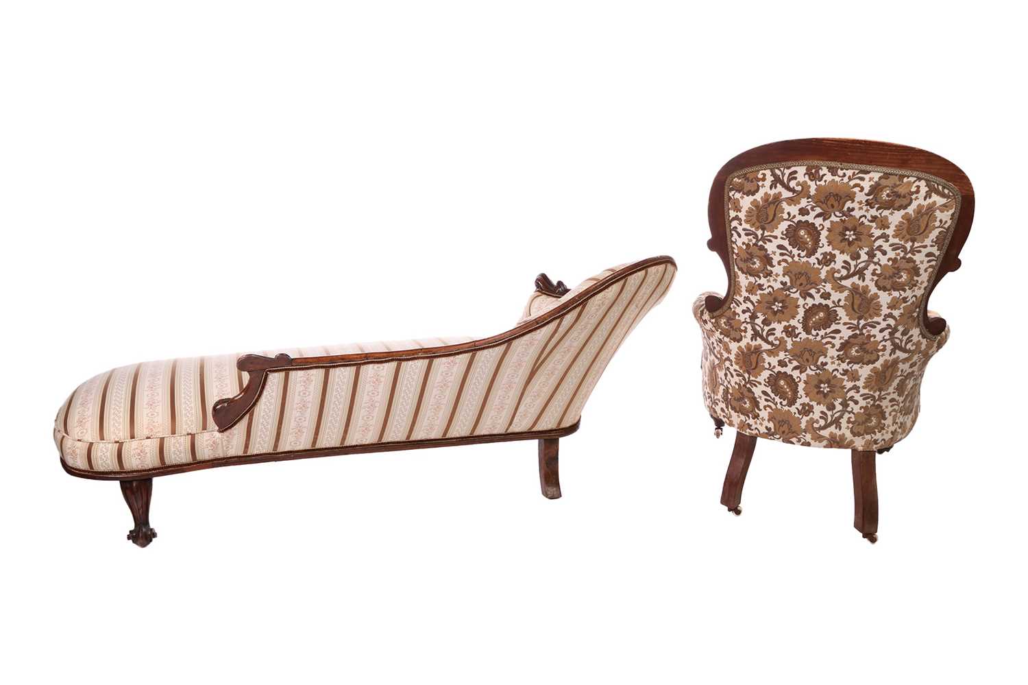 A 19th-century mahogany framed upholstered day-bed, alongside an armchair with floral patterned upho - Image 2 of 5