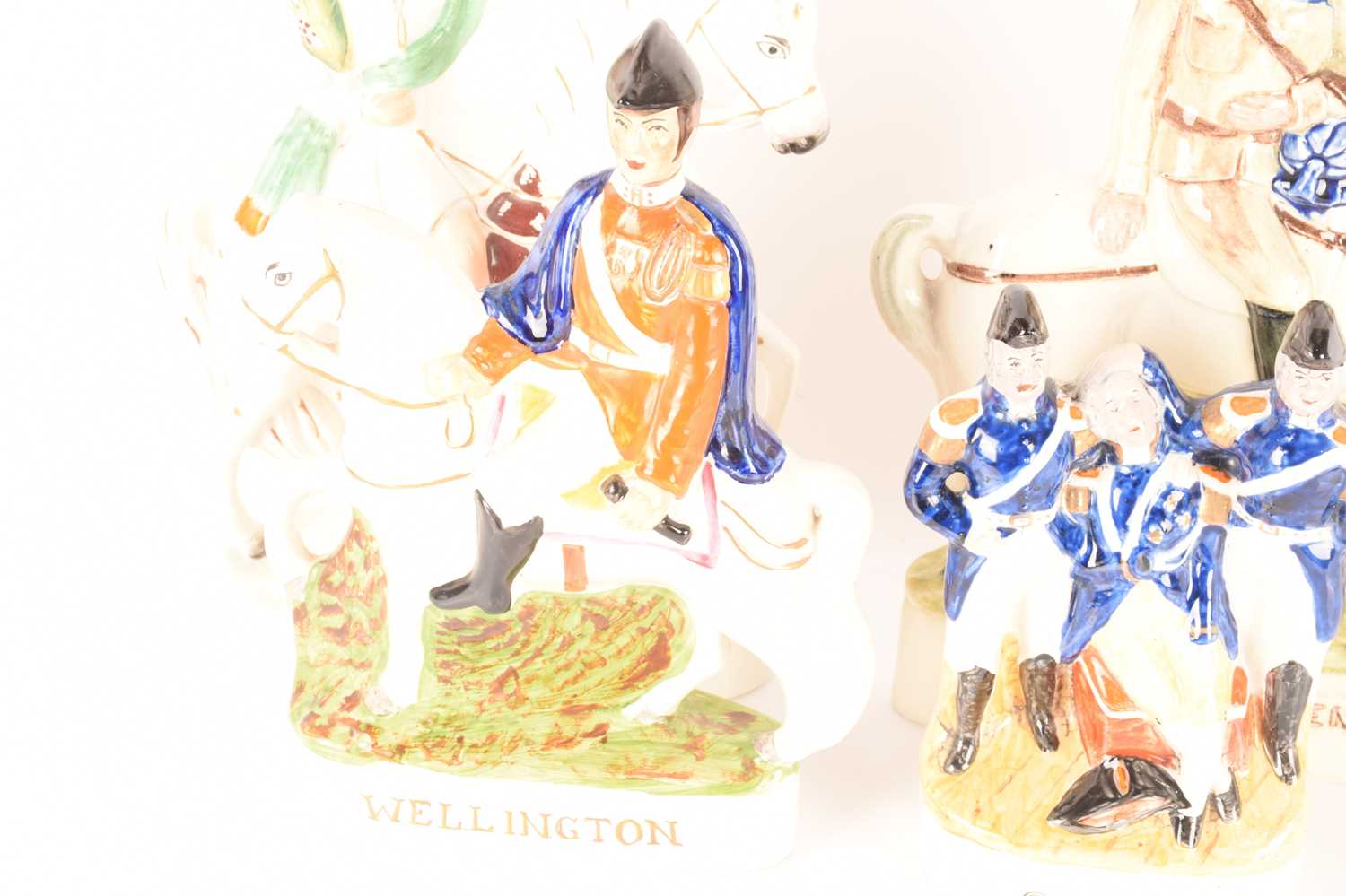 A collection of Staffordshire and Staffordshire style flatback figures comprising Wellington, Peace, - Image 2 of 5