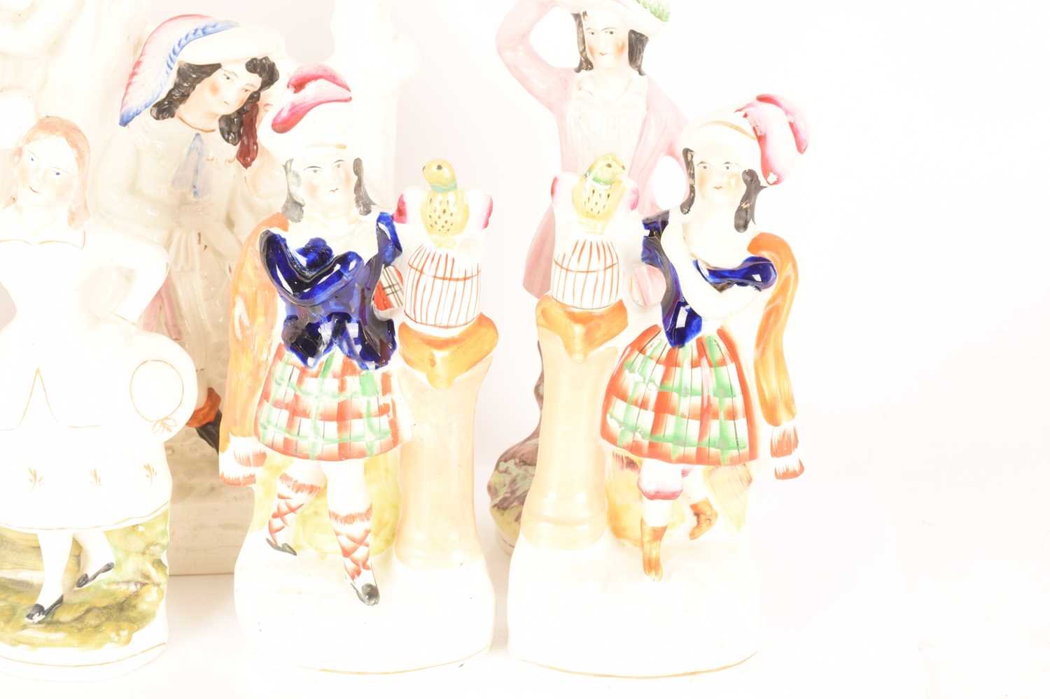 A collection of Staffordshire and Staffordshire style Flat Back figurines comprising a pair of figur - Image 3 of 7