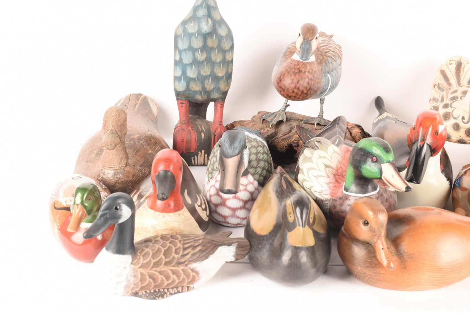 A large collection of duck figures of varying forms, materials, ages, and makes, 16 total, the large - Image 3 of 4