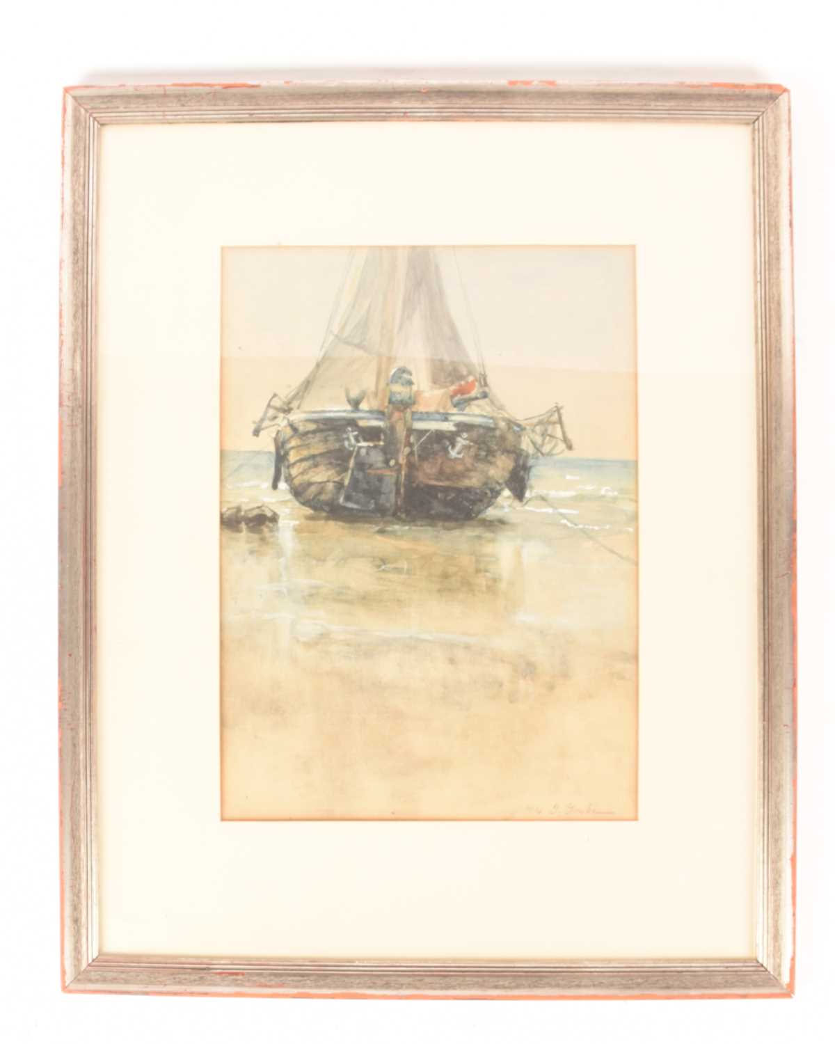 German Grobe (1857-1938) German, Moored sailboat, signed (bottom right), watercolour, image 35 cm x 