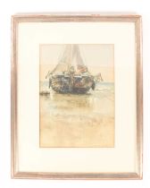 German Grobe (1857-1938) German, Moored sailboat, signed (bottom right), watercolour, image 35 cm