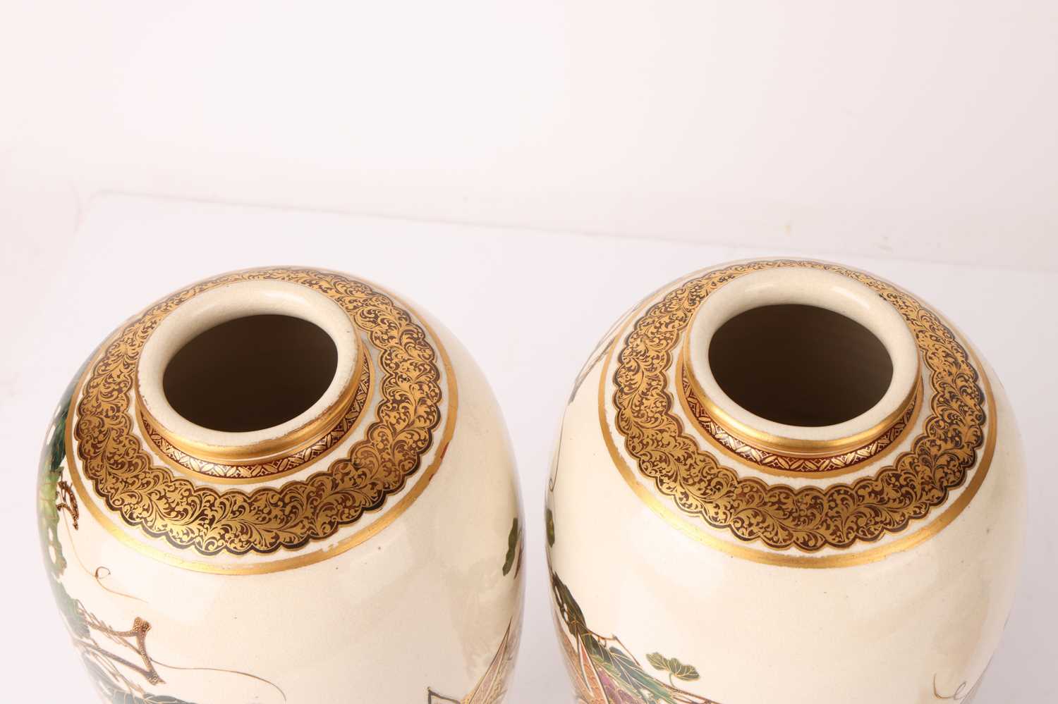 Two graduated pairs of Meiji period Japanese Satsuma vases, decorated with a wisteria motif, the lar - Image 3 of 16