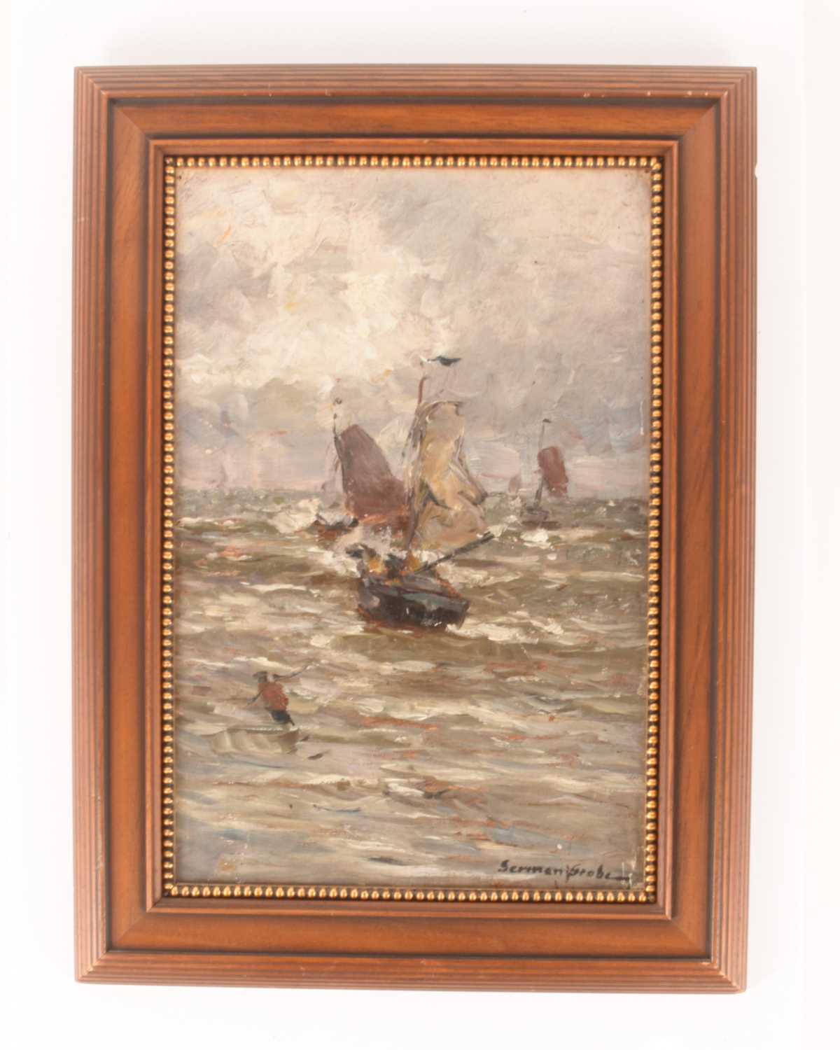 German Grobe (1857-1938) German, Ships at sea, signed (lower right corner), oil on canvas mounted on