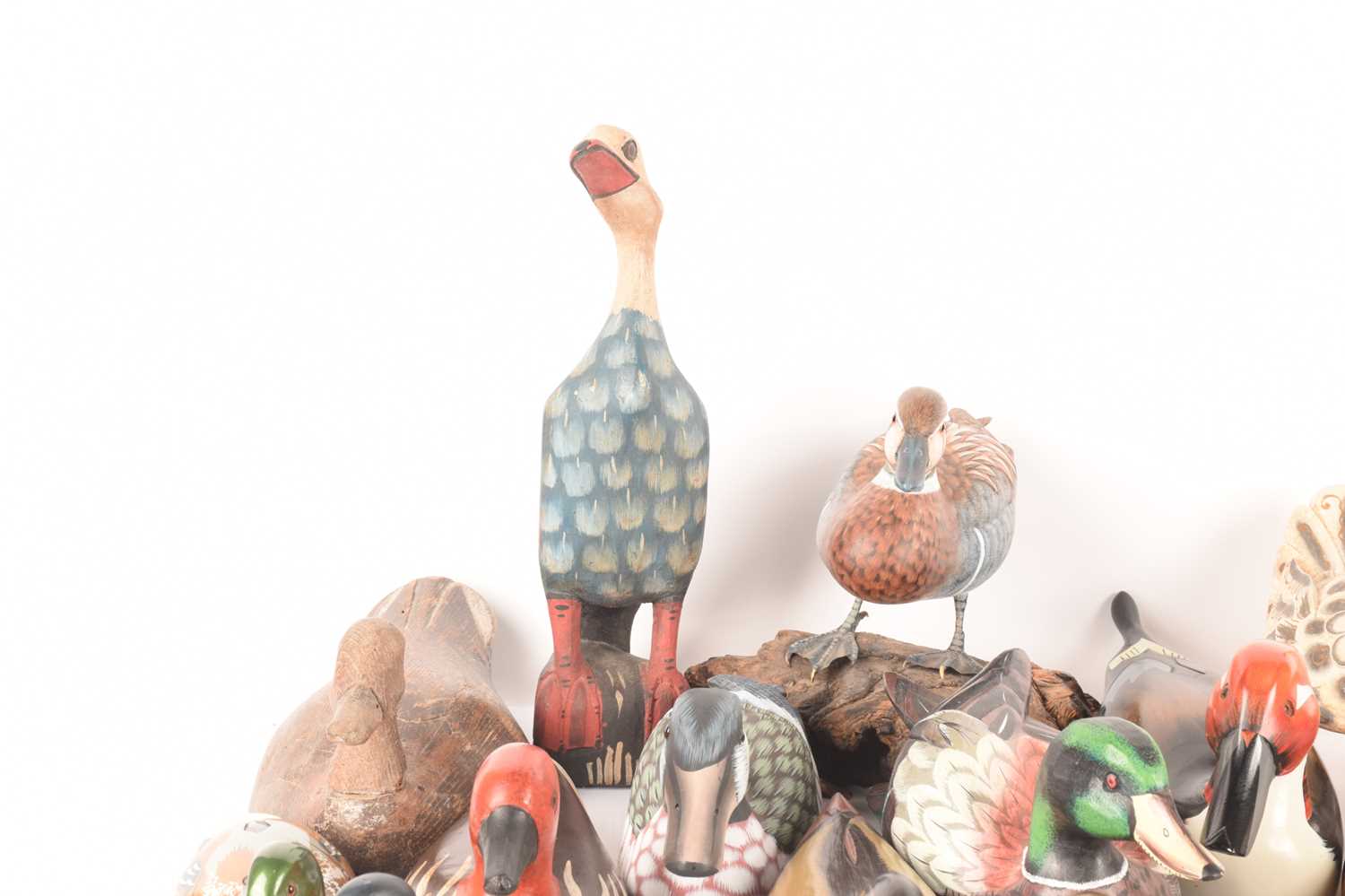 A large collection of duck figures of varying forms, materials, ages, and makes, 16 total, the large - Image 2 of 4