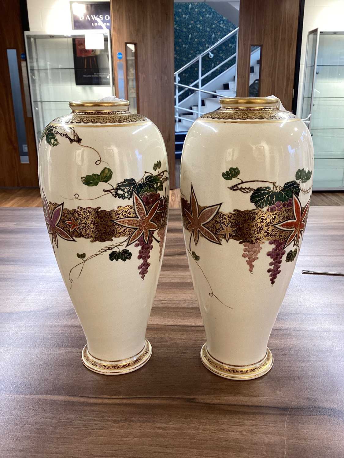 Two graduated pairs of Meiji period Japanese Satsuma vases, decorated with a wisteria motif, the lar - Image 13 of 16