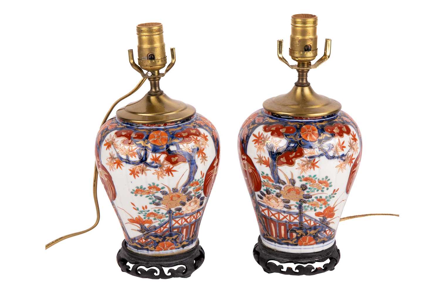 A close pair of Japanese Imari porcelain table lamps, late Meiji period, with carved hardwood stands - Image 2 of 14