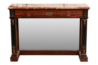A 20th century French Empire style marble-topped brass marquetry inlaid zebrano side table, with a