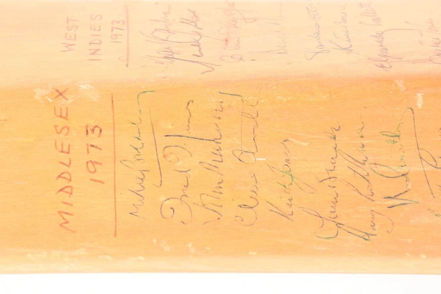 A 1973 multi-signed cricket bat, bearing the signatures of the England, West Indies, New Zealand and - Image 3 of 10