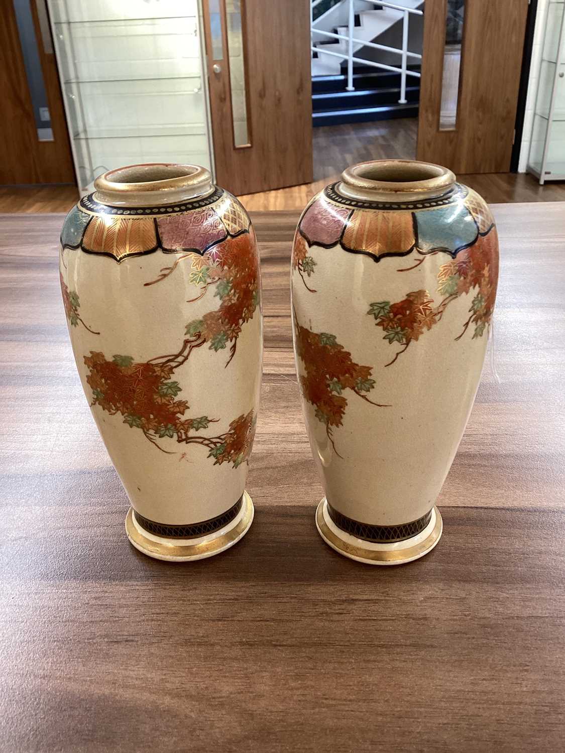 Two graduated pairs of Meiji period Japanese Satsuma vases, decorated with a wisteria motif, the lar - Image 10 of 16