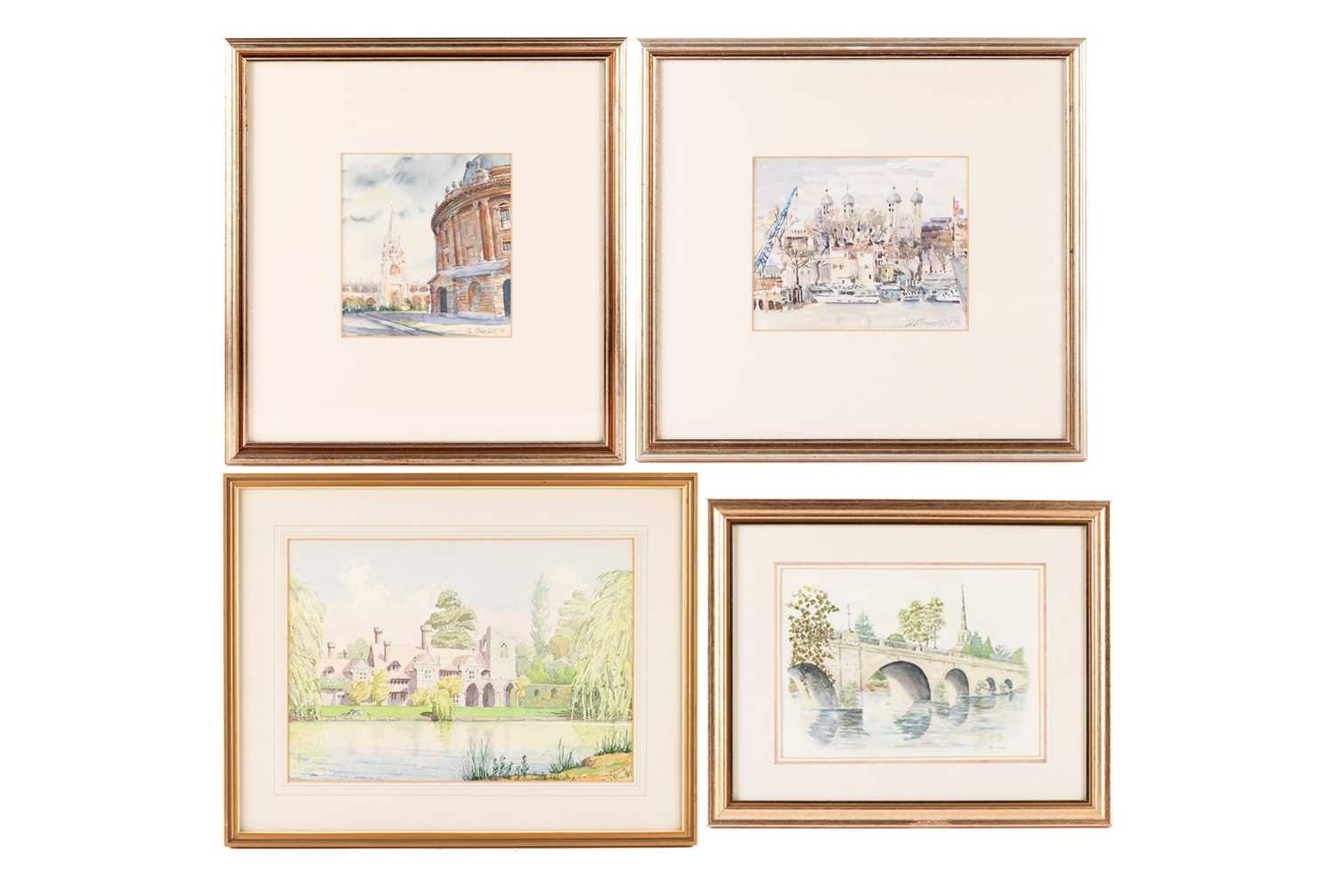 A collection of four decorative watercolours comprising of a riverside view of the Tower of London, 