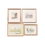 A collection of four decorative watercolours comprising of a riverside view of the Tower of London, 