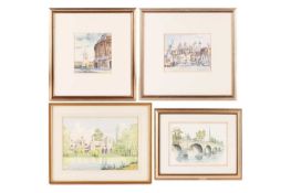 A collection of four decorative watercolours comprising of a riverside view of the Tower of London, 