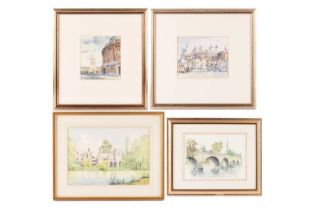 A collection of four decorative watercolours comprising of a riverside view of the Tower of