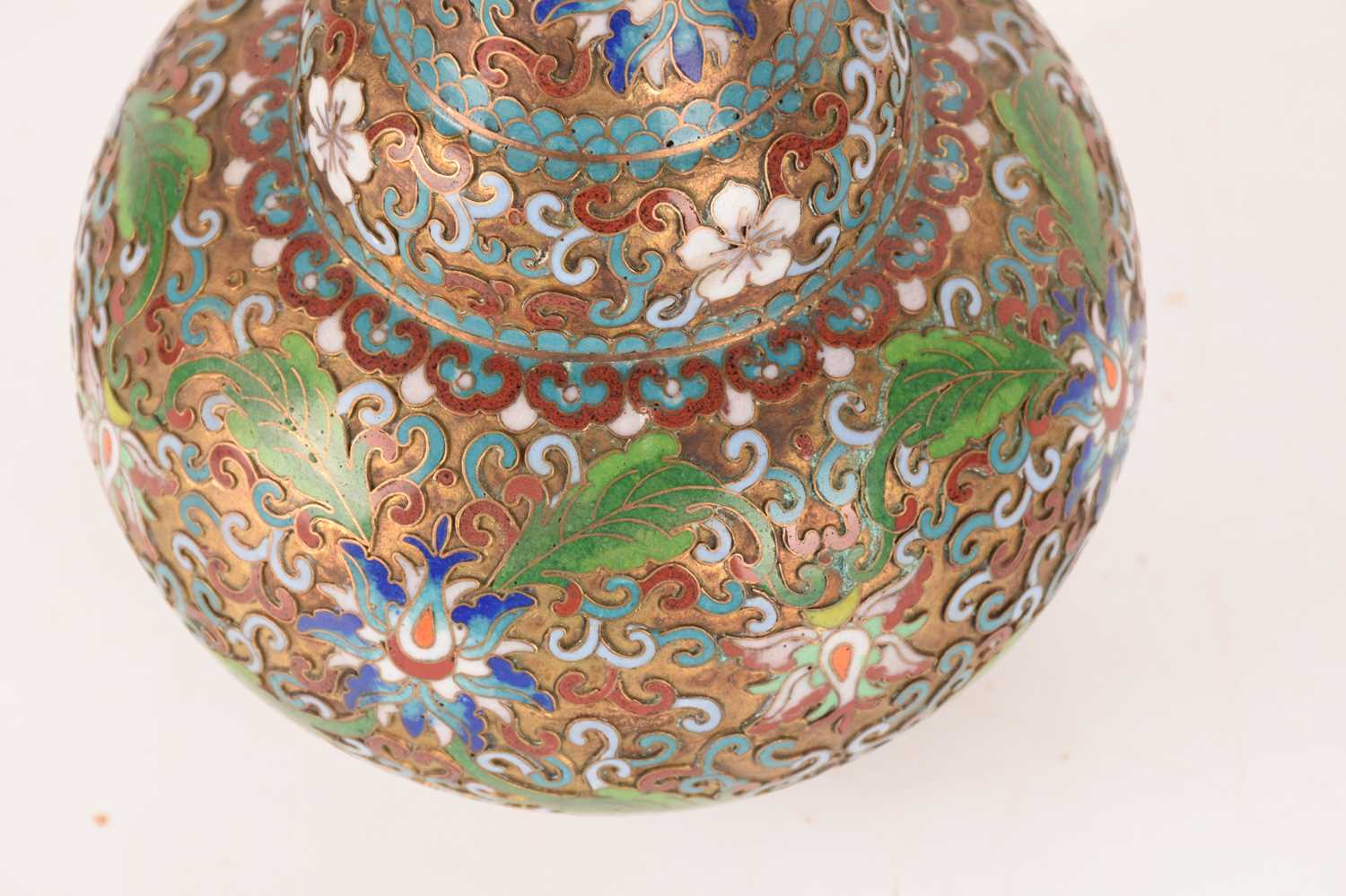 A 20th-century Chinese cloisonne and champleve enamel vase with polychrome enamel scrolls and foliag - Image 6 of 7