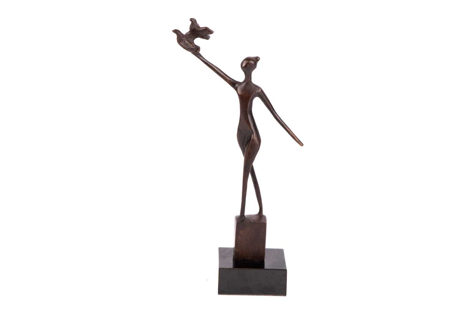 Razia Gershon (b.1931) Israeli, an abstract patinated bronze figure of a woman with two doves, prese
