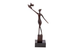 Razia Gershon (b.1931) Israeli, an abstract patinated bronze figure of a woman with two doves,