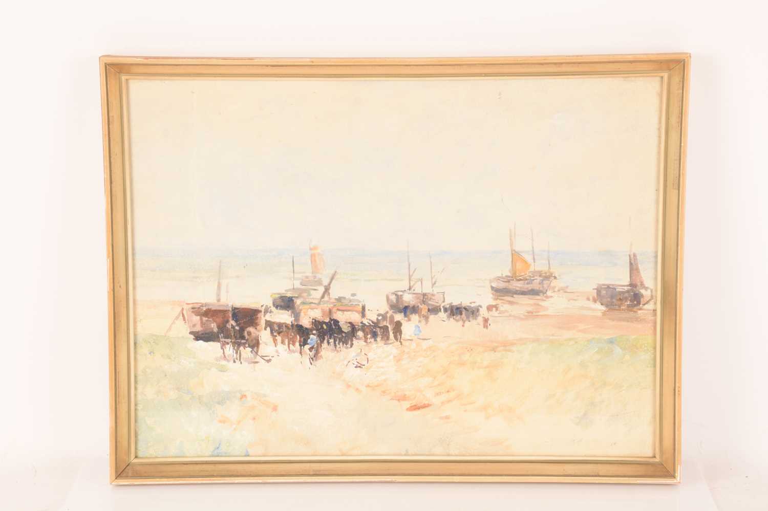 German Grobe (1857-1938) German, Ships waiting at the beach, gouache, image 50 cm x 36.5 cm, framed 